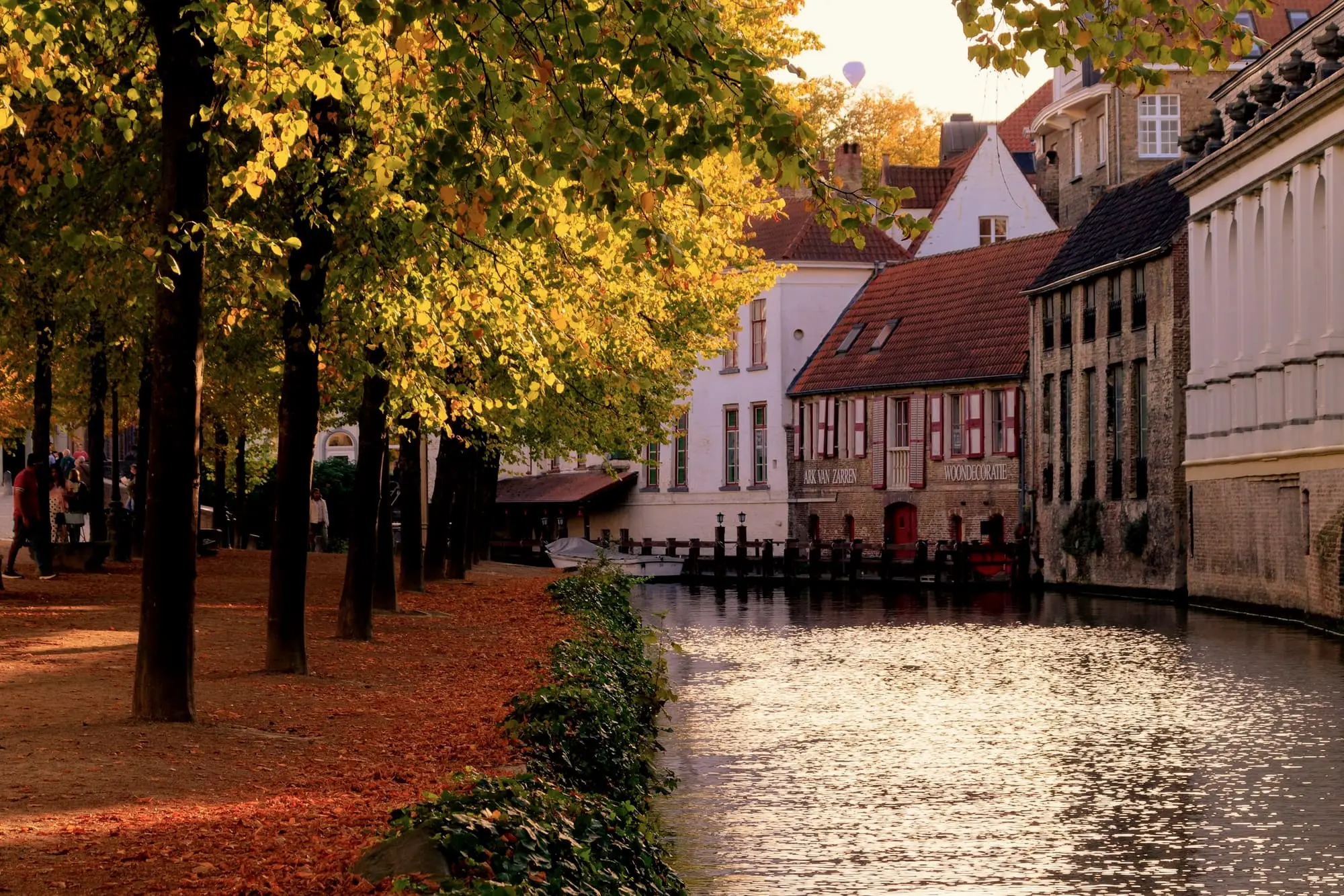 A canal in autumn with russet leaves on the bank and pale gabled houses beyond