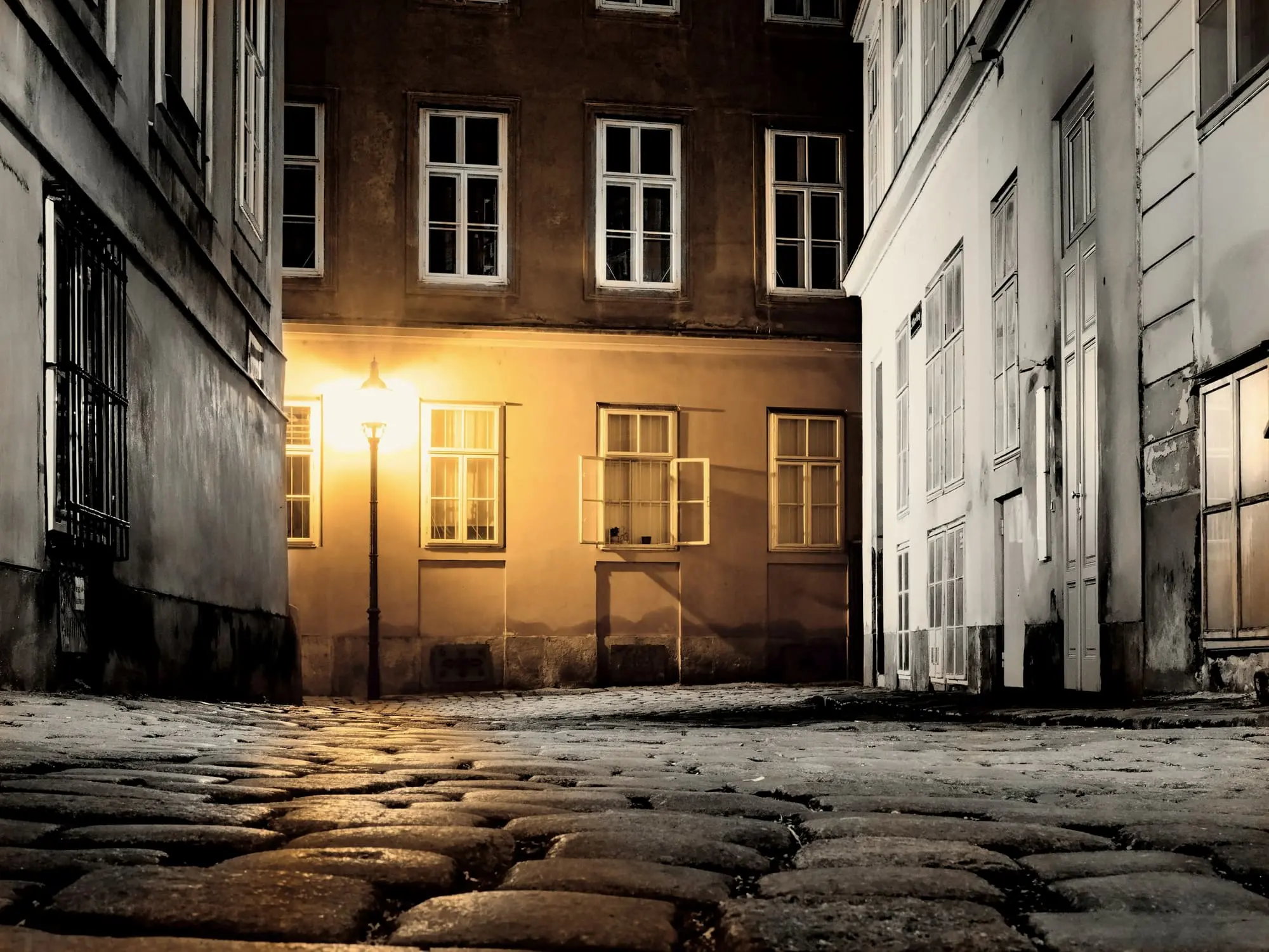 Wet cobbles and a warm lit facade under a single street lamp