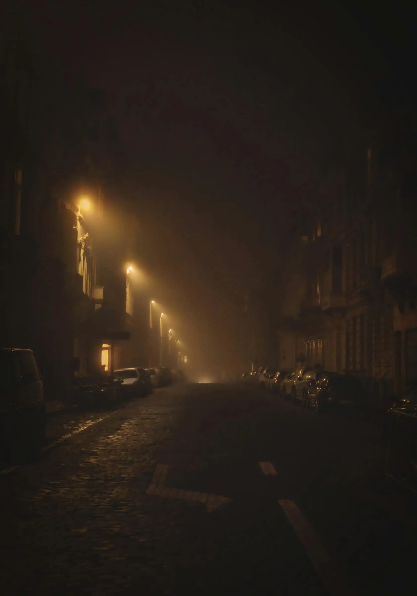 Street lamps fading into fog along a dark empty road