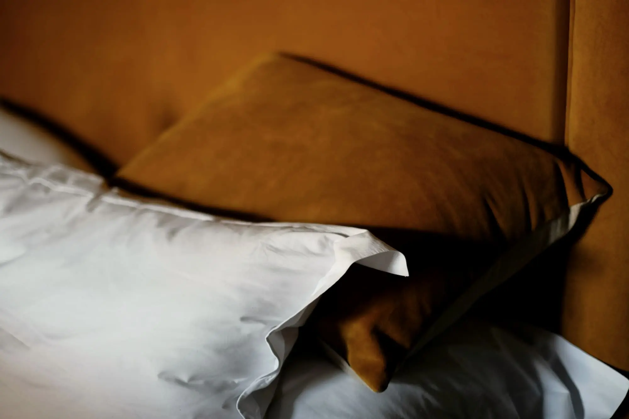 White and tobacco pillows crumpled against an amber leather headboard