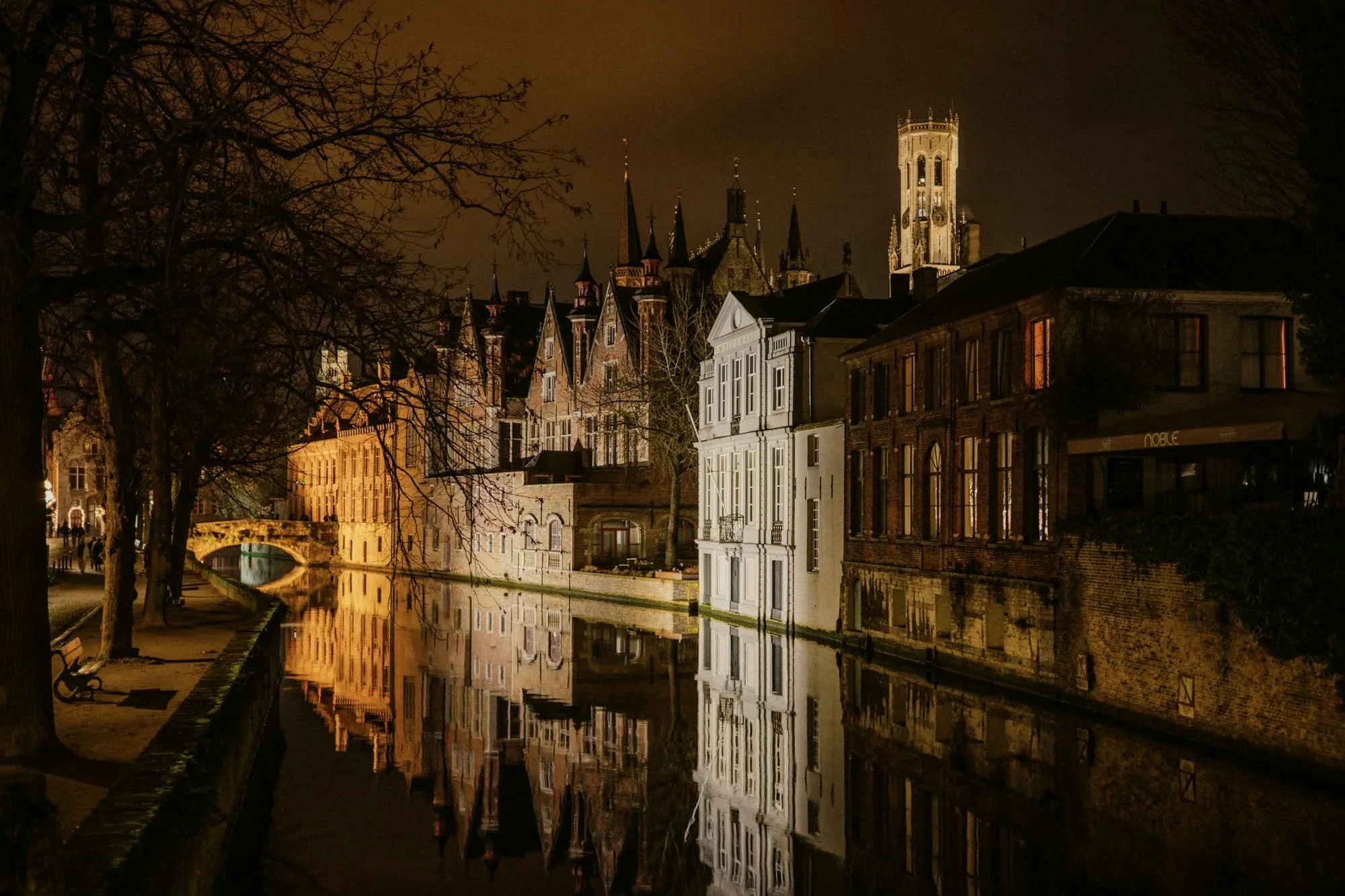 A row of historic gabled houses doubled in a black canal at night